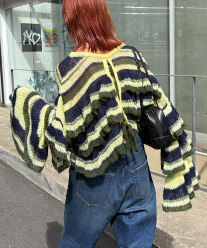 ★【HELLO.SANFRANCISCO/ハローサンフランシスコ】多色條紋透視荷葉邊針織衫