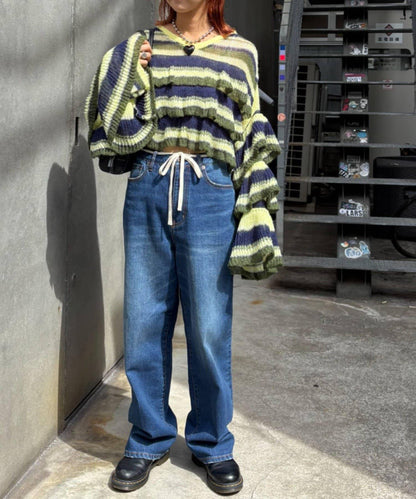 ★【HELLO.SANFRANCISCO/ハローサンフランシスコ】多色條紋透視荷葉邊針織衫