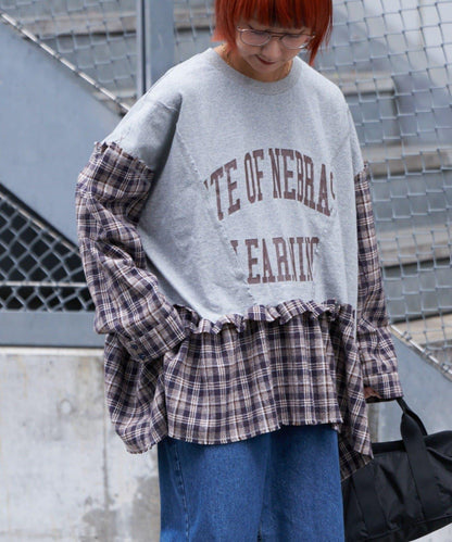 【etsinta/エシンタ】拼接格紋荷葉邊T恤