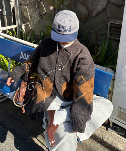 【UNISEX】菱格紋拼色領口雜色針織開衫