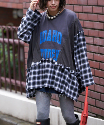 【etsinta/エシンタ】拼接格紋荷葉邊T恤