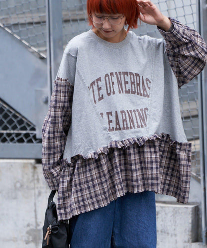 【etsinta/エシンタ】拼接格紋荷葉邊T恤