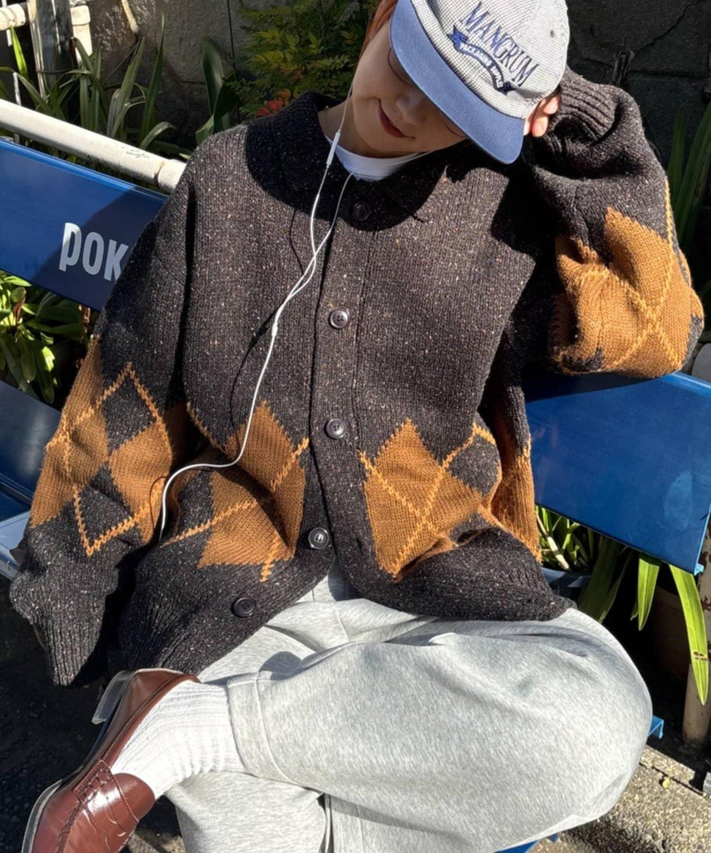 【UNISEX】菱格紋拼色領口雜色針織開衫