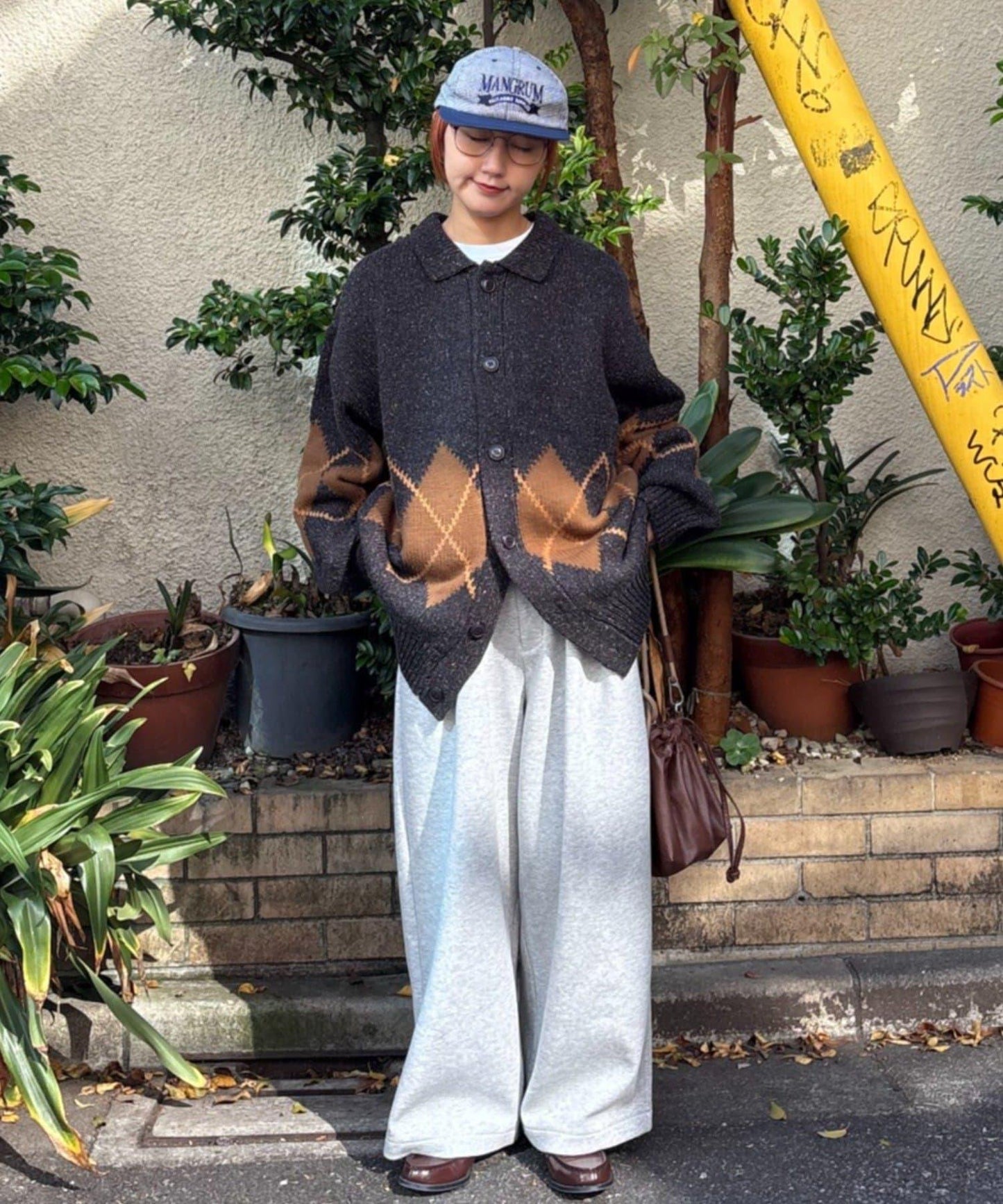 【UNISEX】菱格紋拼色領口雜色針織開衫