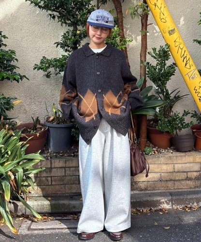 【UNISEX】菱格紋拼色領口雜色針織開衫