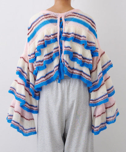 ★【HELLO.SANFRANCISCO/ハローサンフランシスコ】多色條紋透視荷葉邊針織衫