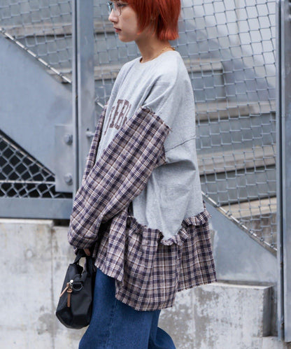 【etsinta/エシンタ】拼接格紋荷葉邊T恤