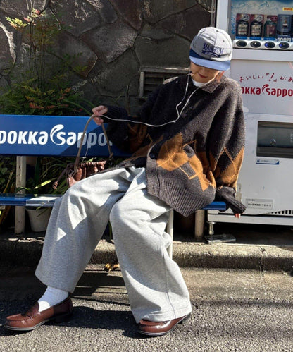 【UNISEX】菱格紋拼色領口雜色針織開衫