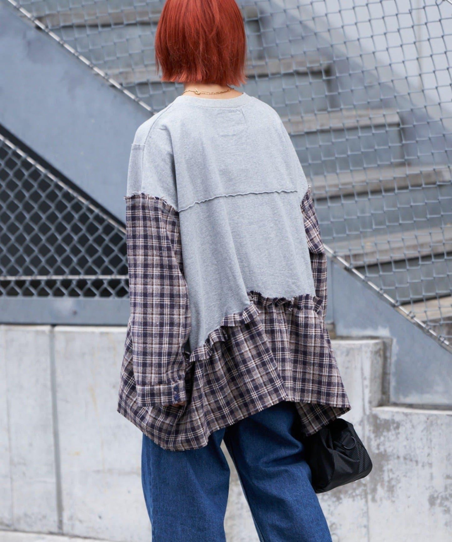 【etsinta/エシンタ】拼接格紋荷葉邊T恤