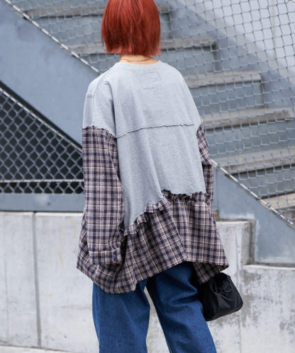 【etsinta/エシンタ】拼接格紋荷葉邊T恤