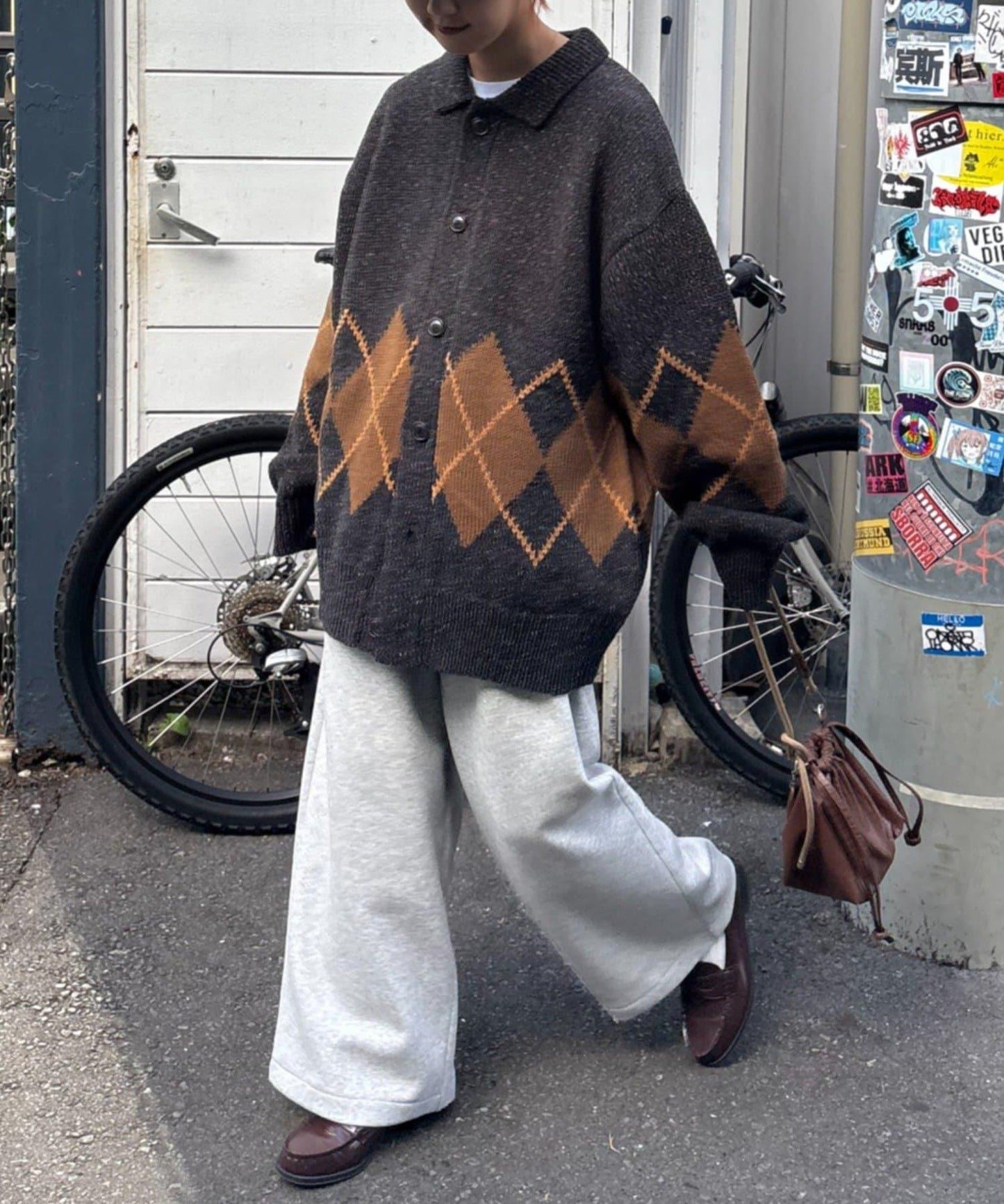 【UNISEX】菱格紋拼色領口雜色針織開衫