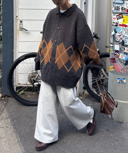 【UNISEX】菱格紋拼色領口雜色針織開衫