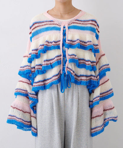 ★【HELLO.SANFRANCISCO/ハローサンフランシスコ】多色條紋透視荷葉邊針織衫