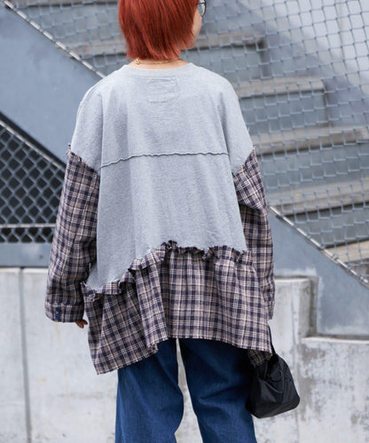 【etsinta/エシンタ】拼接格紋荷葉邊T恤