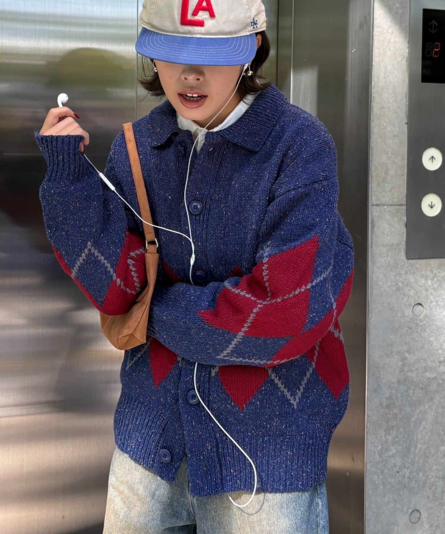 【UNISEX】菱格紋拼色領口雜色針織開衫