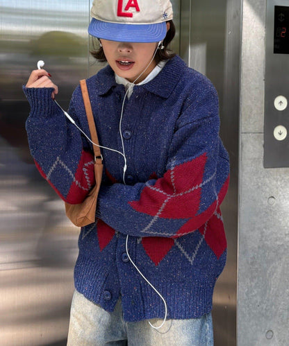 【UNISEX】菱格紋拼色領口雜色針織開衫