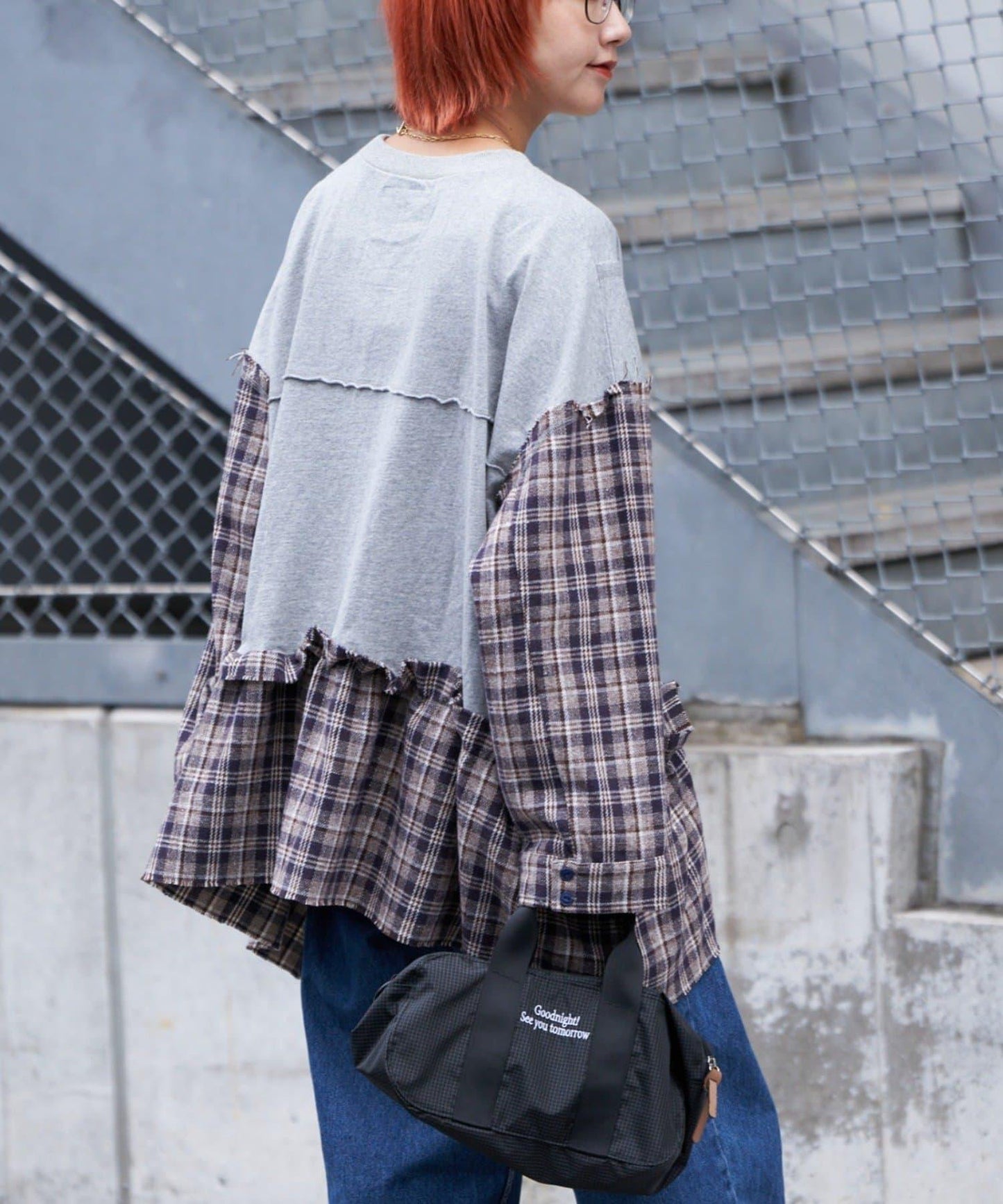 【etsinta/エシンタ】拼接格紋荷葉邊T恤