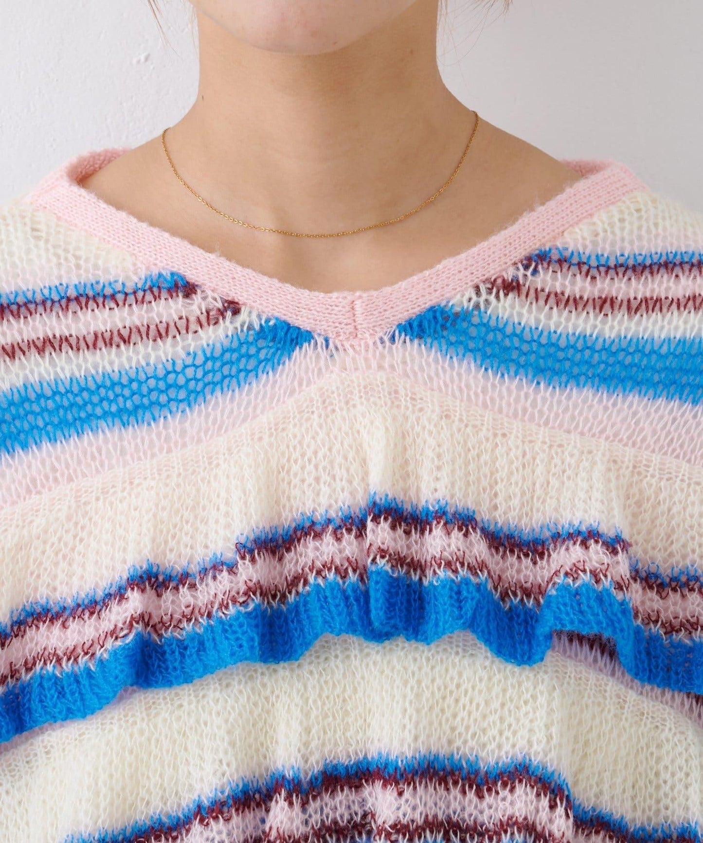 ★【HELLO.SANFRANCISCO/ハローサンフランシスコ】多色條紋透視荷葉邊針織衫