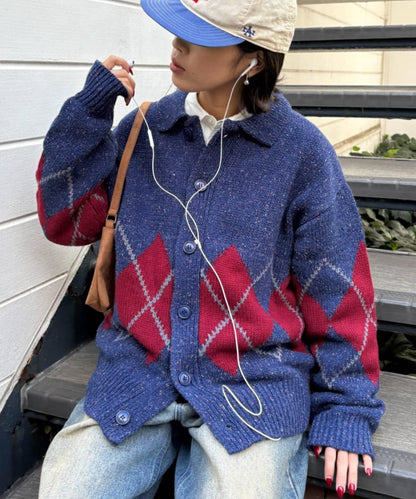 【UNISEX】菱格紋拼色領口雜色針織開衫