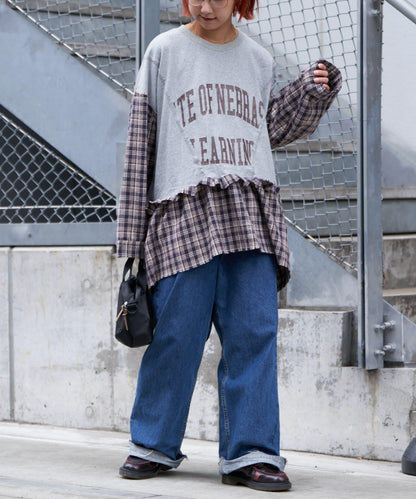 【etsinta/エシンタ】拼接格紋荷葉邊T恤