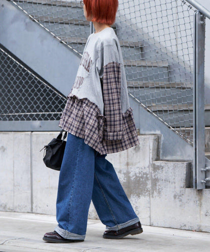 【etsinta/エシンタ】拼接格紋荷葉邊T恤