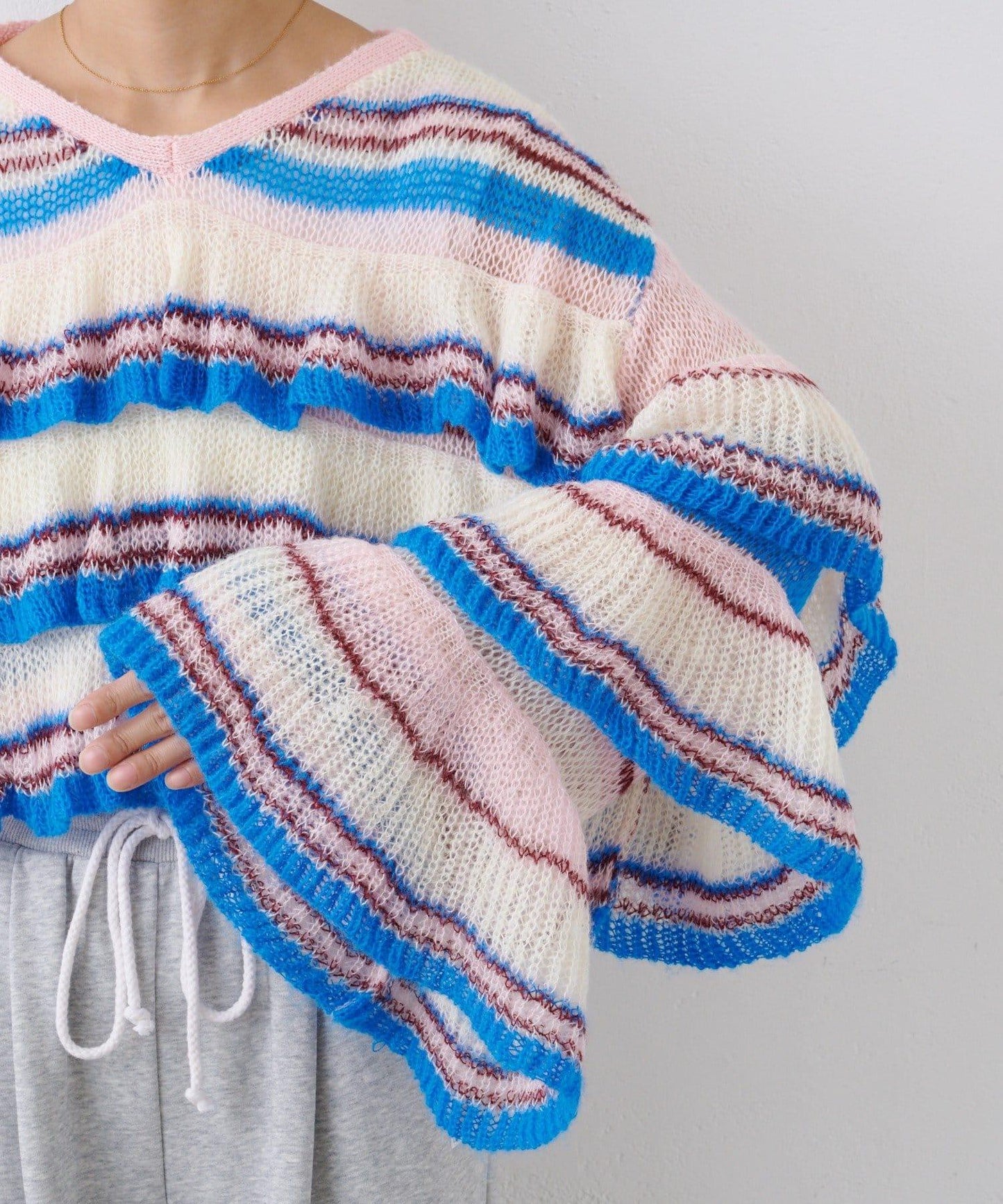 ★【HELLO.SANFRANCISCO/ハローサンフランシスコ】多色條紋透視荷葉邊針織衫