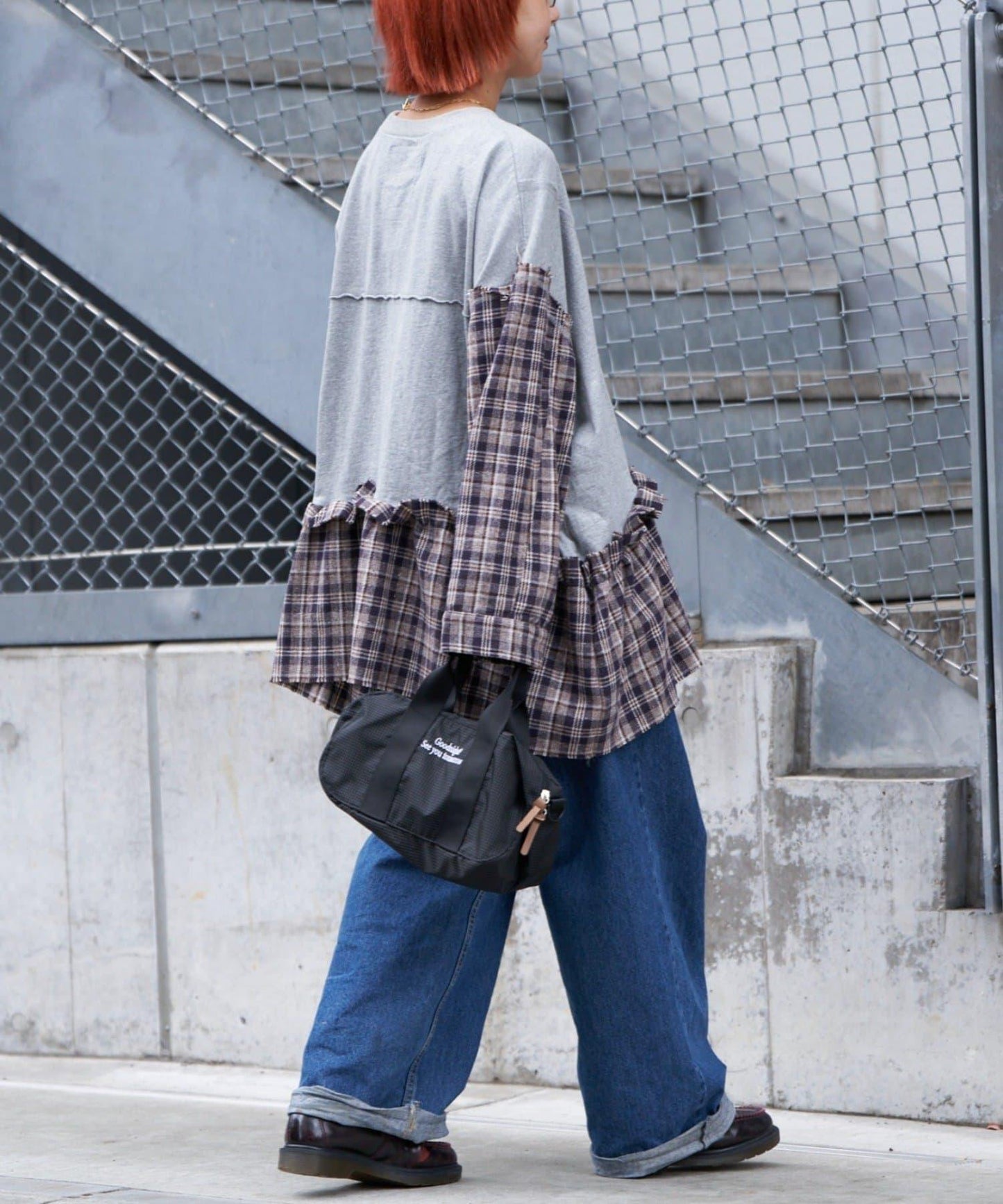 【etsinta/エシンタ】拼接格紋荷葉邊T恤