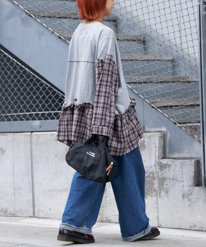 【etsinta/エシンタ】拼接格紋荷葉邊T恤