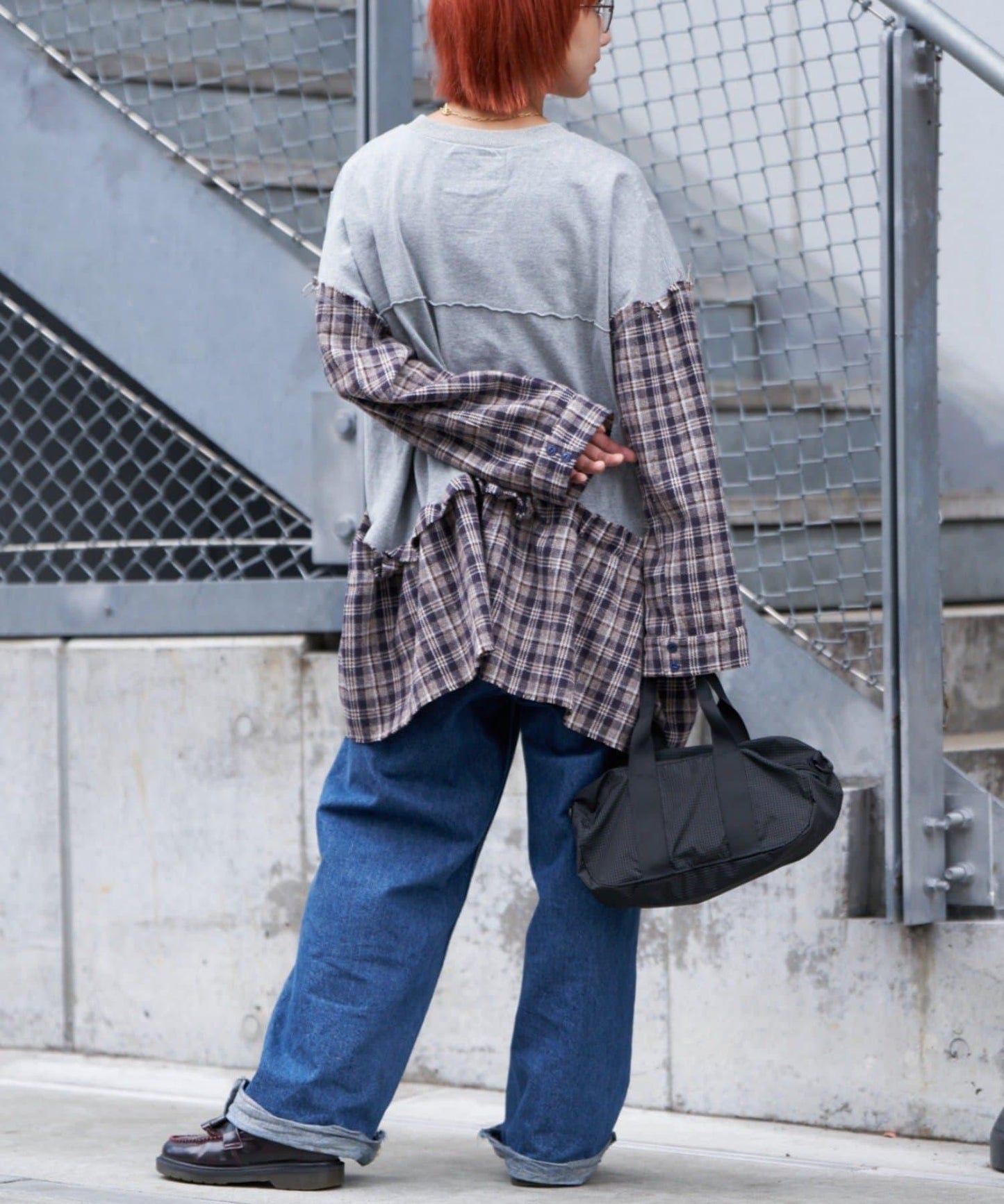 【etsinta/エシンタ】拼接格紋荷葉邊T恤