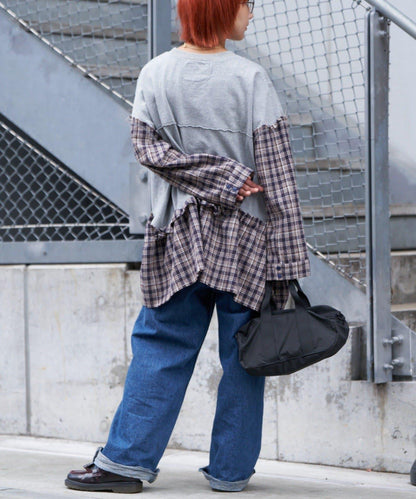 【etsinta/エシンタ】拼接格紋荷葉邊T恤