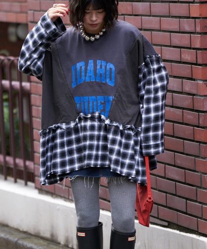 【etsinta/エシンタ】拼接格紋荷葉邊T恤