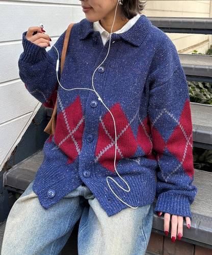 【UNISEX】菱格紋拼色領口雜色針織開衫