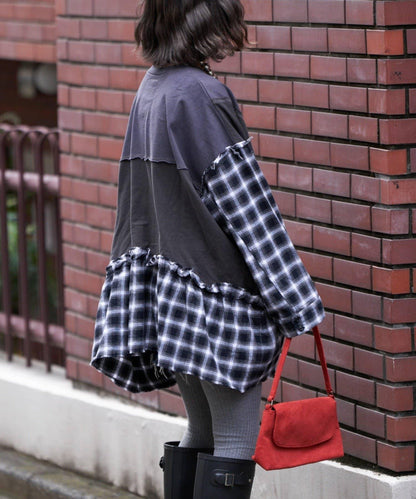 【etsinta/エシンタ】拼接格紋荷葉邊T恤