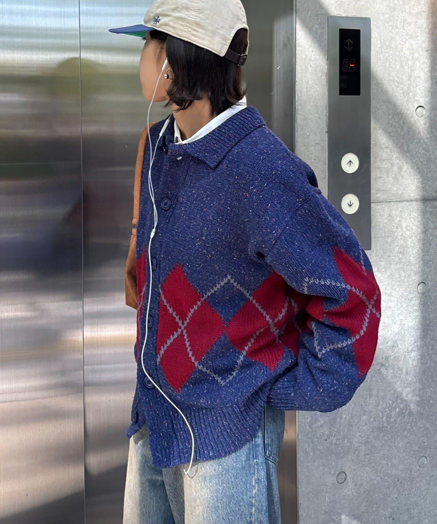 【UNISEX】菱格紋拼色領口雜色針織開衫