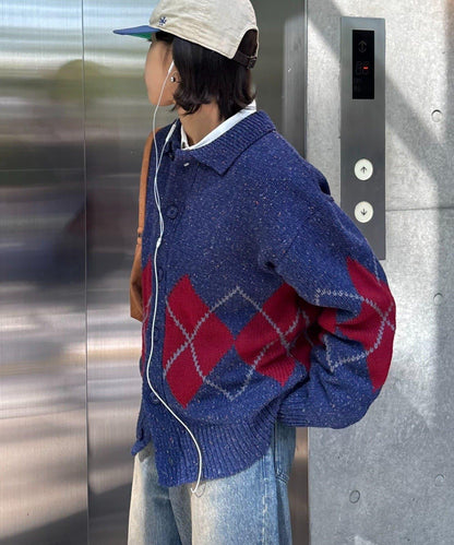 【UNISEX】菱格紋拼色領口雜色針織開衫