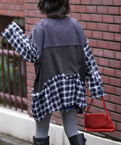 【etsinta/エシンタ】拼接格紋荷葉邊T恤