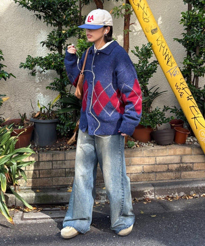 【UNISEX】菱格紋拼色領口雜色針織開衫