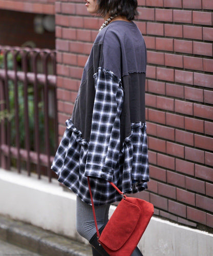 【etsinta/エシンタ】拼接格紋荷葉邊T恤