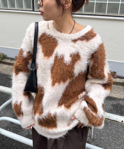 動物紋長毛針織衫