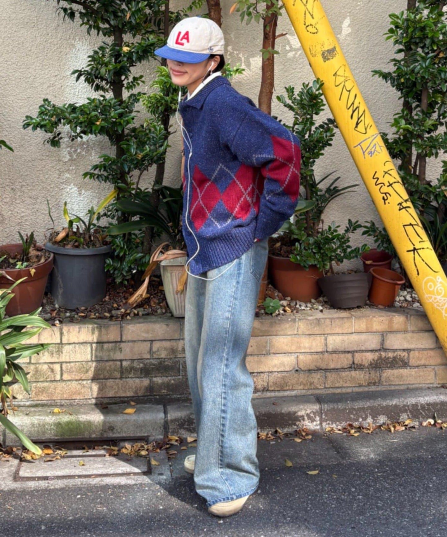 【UNISEX】菱格紋拼色領口雜色針織開衫