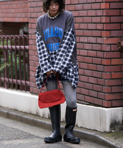 【etsinta/エシンタ】拼接格紋荷葉邊T恤