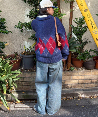 【UNISEX】菱格紋拼色領口雜色針織開衫