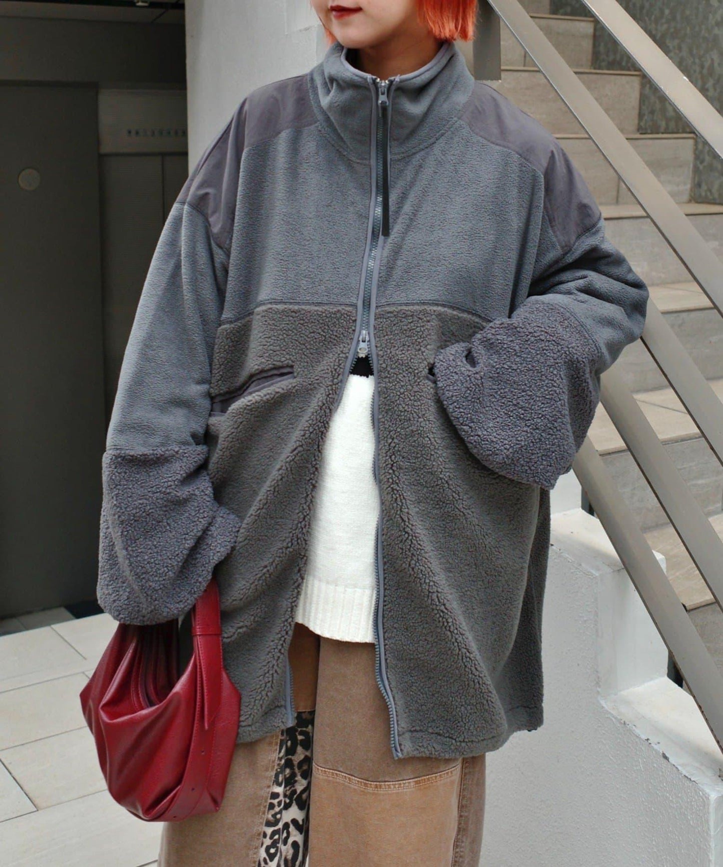 【etsinta/エシンタ】拼接羊羔絨寬鬆夾克