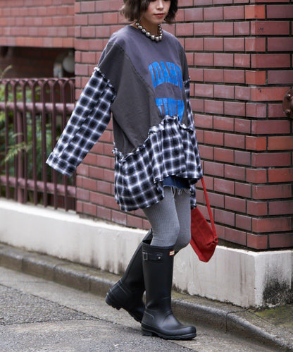 【etsinta/エシンタ】拼接格紋荷葉邊T恤