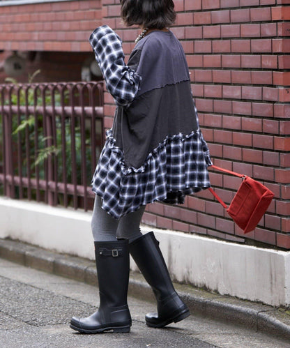 【etsinta/エシンタ】拼接格紋荷葉邊T恤