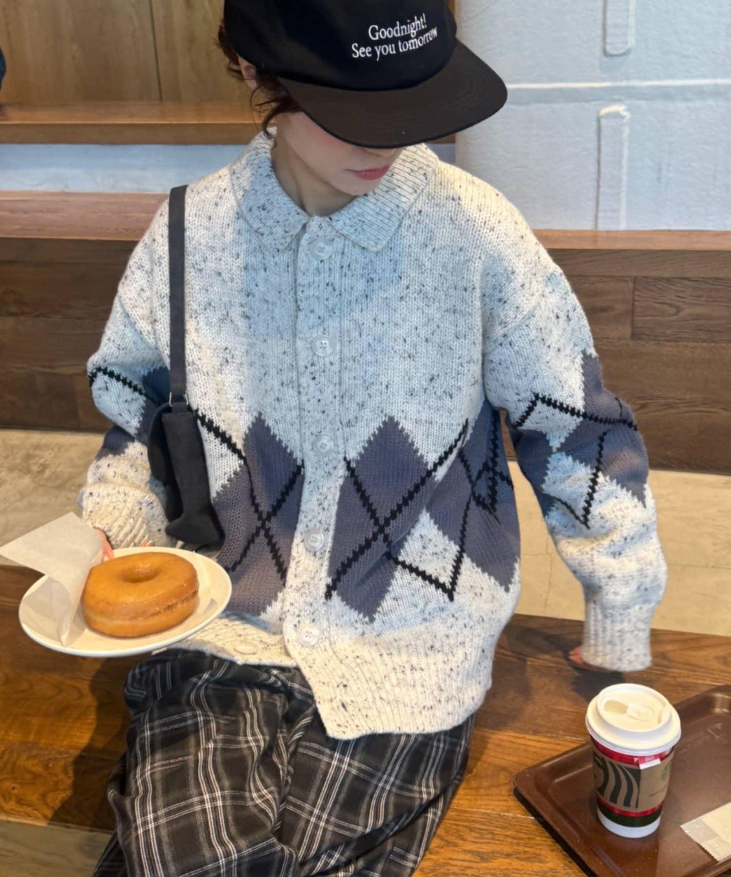 【UNISEX】菱格紋拼色領口雜色針織開衫