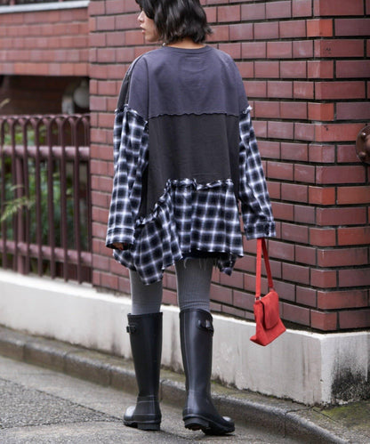 【etsinta/エシンタ】拼接格紋荷葉邊T恤