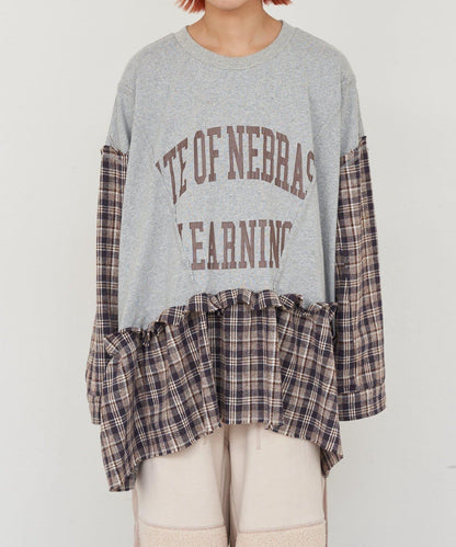 【etsinta/エシンタ】拼接格紋荷葉邊T恤