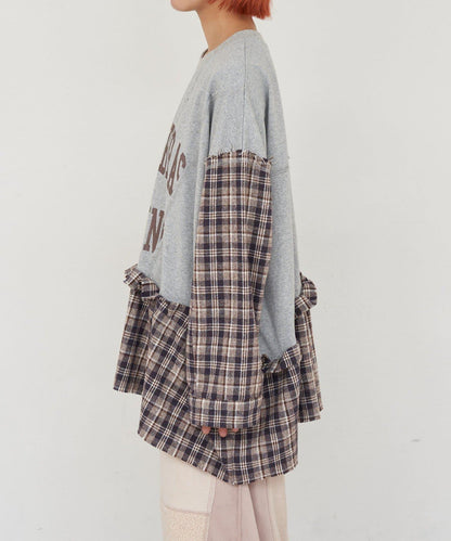 【etsinta/エシンタ】拼接格紋荷葉邊T恤