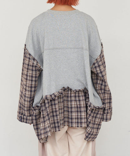 【etsinta/エシンタ】拼接格紋荷葉邊T恤